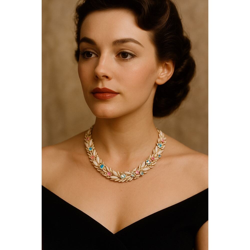 Vintage 1950s Thermoset & Rhinestone Necklace White AB Pastel Choker 17”